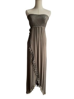 La Scana Tube Top Maxi Dress Sz M Olive Green Stretch Boho High Low Strapless